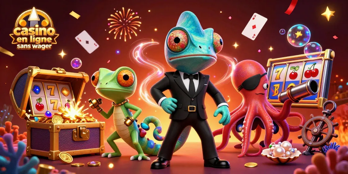 Illustration d'un caméléon agent secret entouré de machines à sous, joueurs explorant un casino en ligne sans wager.