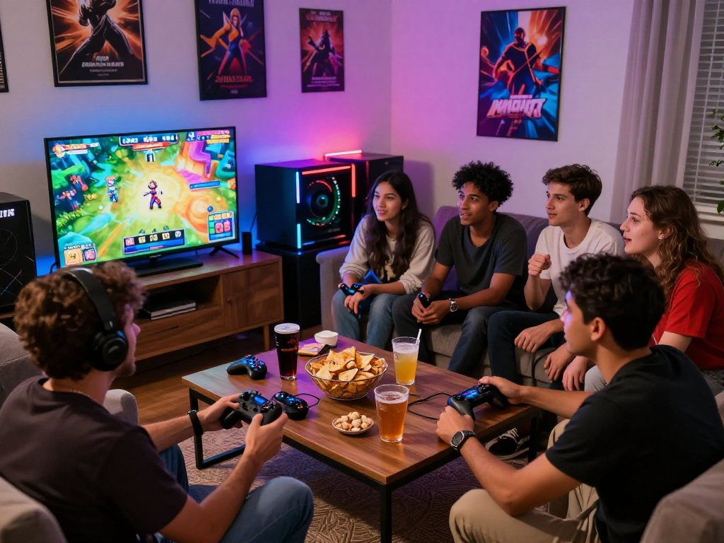 Friends enjoying an exciting gaming session featuring slot gacor on a large screen, vibrant atmosphere with snacks.