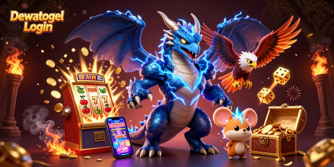 Engage in thrilling gameplay with Dewatogel Login, showcasing vibrant casino elements and fantasy characters.