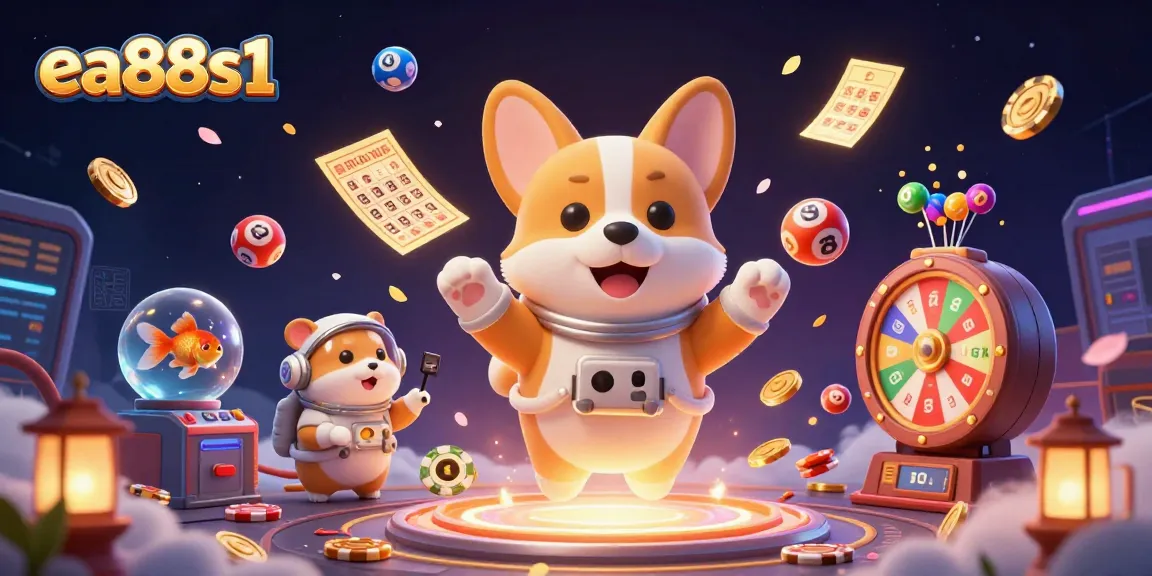 Join the fun at ea88s1 with a floating corgi in a vibrant casino space adventure!