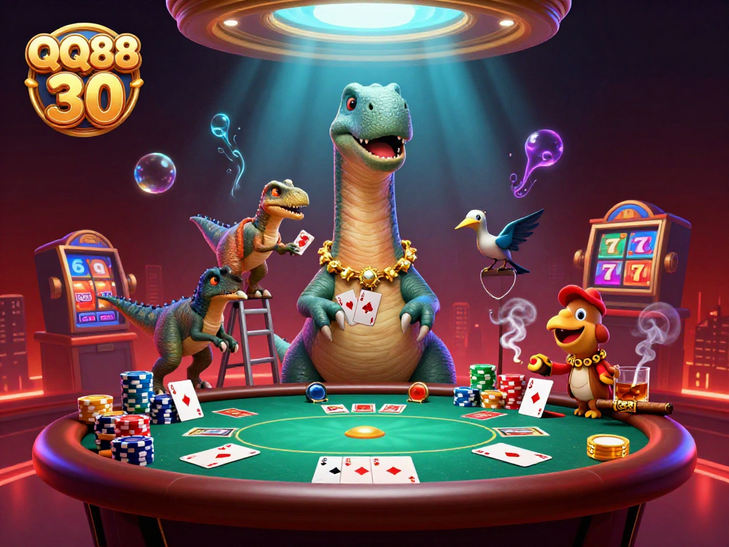 Engage with QQ88 30 at a lively casino scene showcasing fantastical interactions and poker elements.