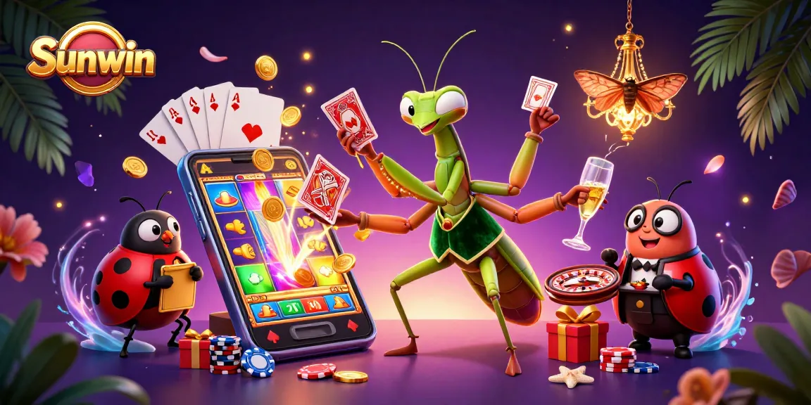 Engage with Sunwin's thrilling gaming scene featuring a colorful slot game and casino characters.
