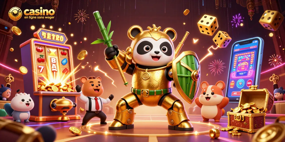 Illustration captivante de casino en ligne sans wager avec panda doré en robot de combat, machines à sous et effets lumineux.