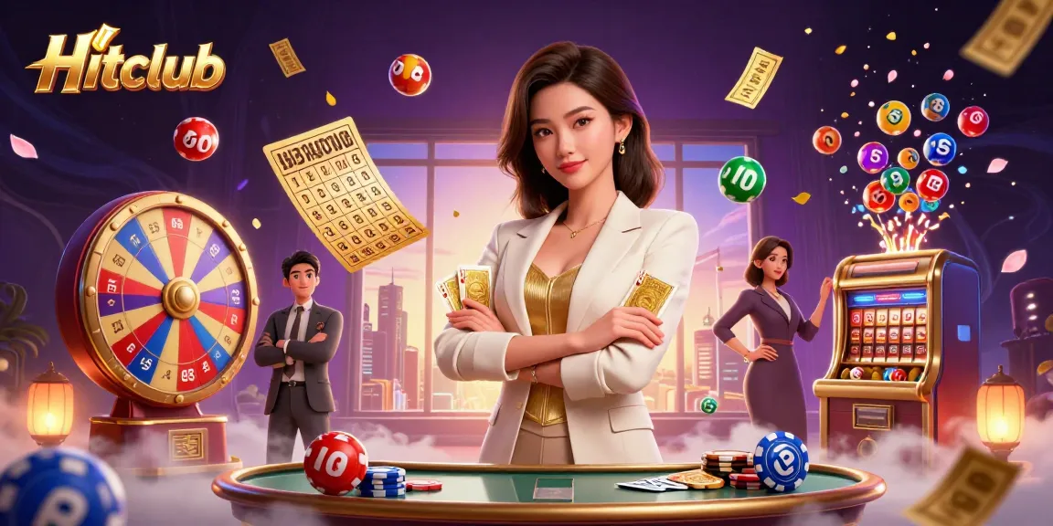 Hitclub showcases a glamorous Asian woman holding golden cards while surrounded by lively casino elements, embodying excitement.