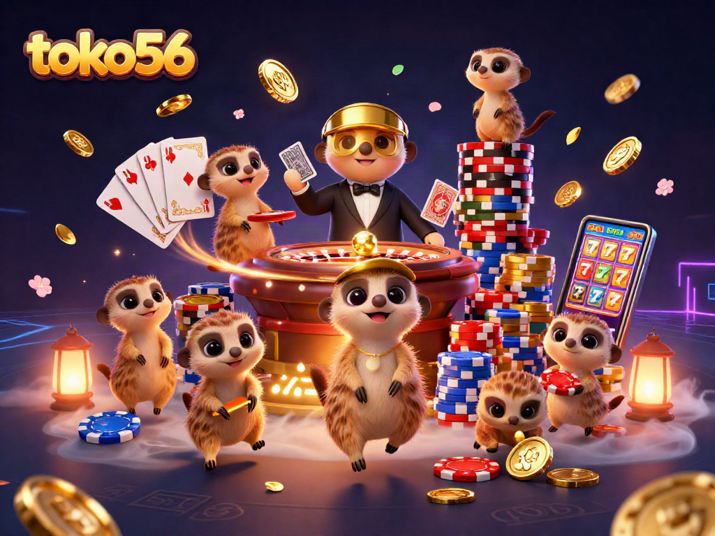 Permainan kasino apik di toko56 dengan koloni meerkat yang membagikan chip dan kartu pada pemain.