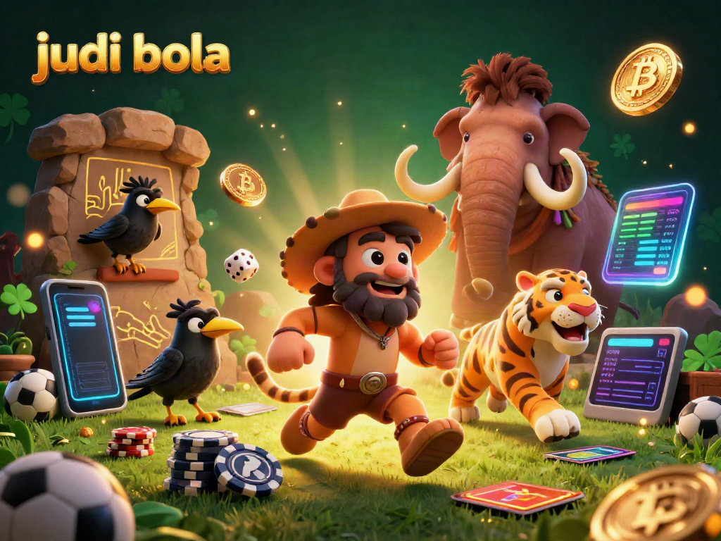 Engage in judi bola with a dynamic scene featuring a cartoon caveman and tiger in a prehistoric casino setup.