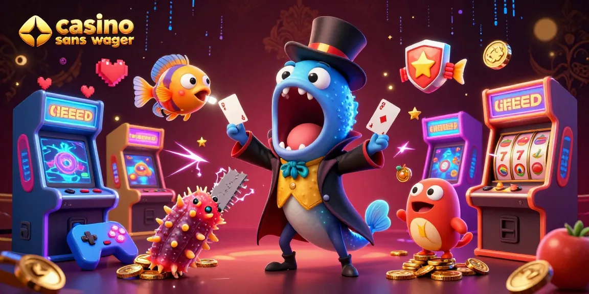 Illustration d'un casino en ligne sans wager avec des personnages marins et des éléments de jeu en 3D.