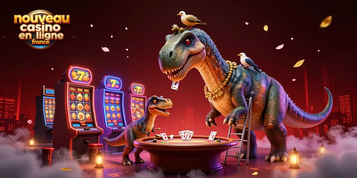 Illustration captivante représentant un nouveau casino en ligne en France, avec des personnages de dinosaures jouant aux machines à sous.