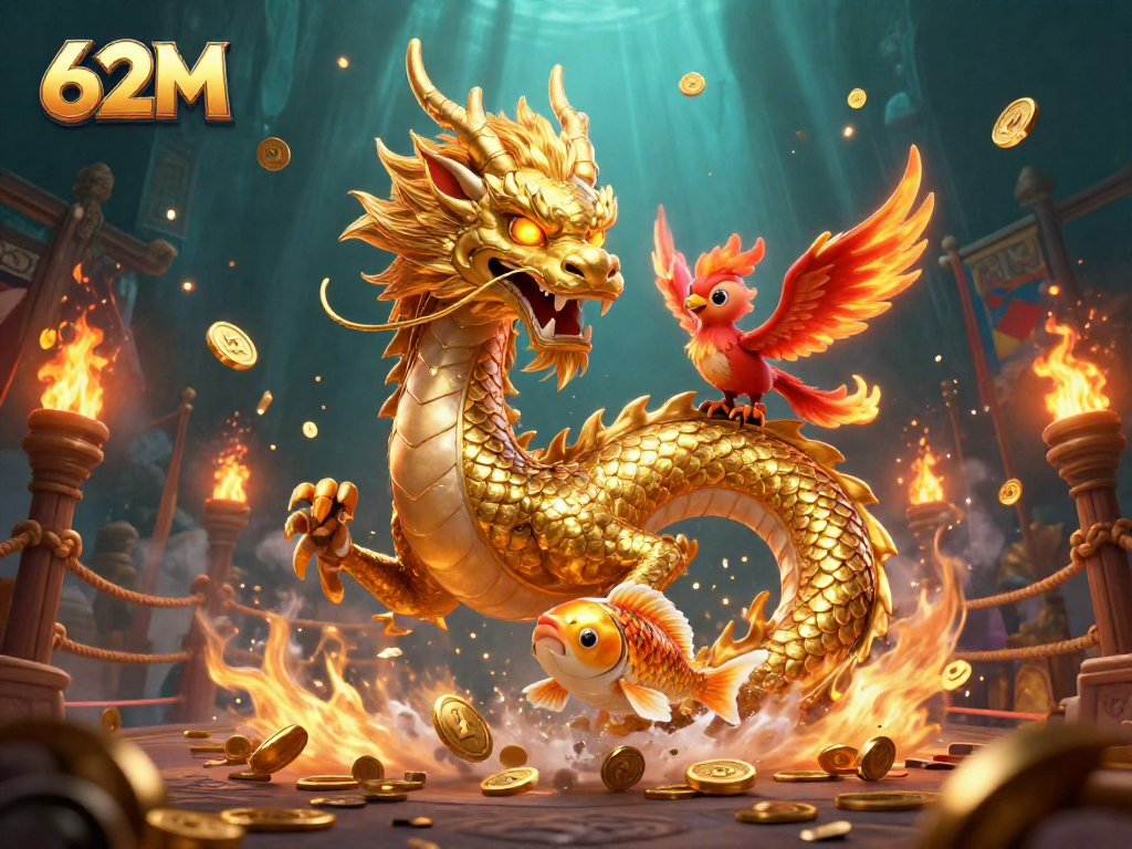 Ilustração de cassino 62M com dragão dourado e fênix em chama cercados por moedas e elementos de jogo