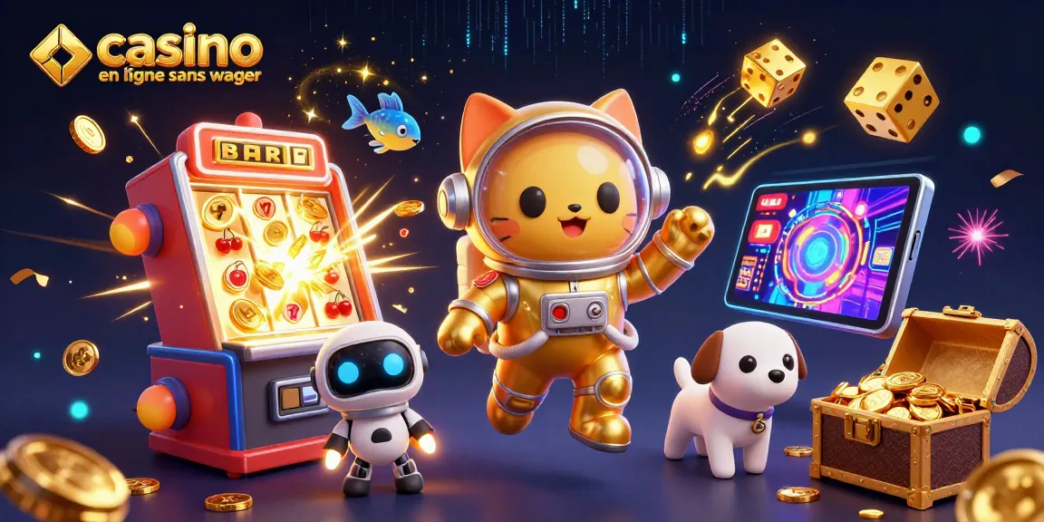 Célébrez le jeu dans un casino en ligne sans wager avec des symboles de machines à sous et un chat astronaute.