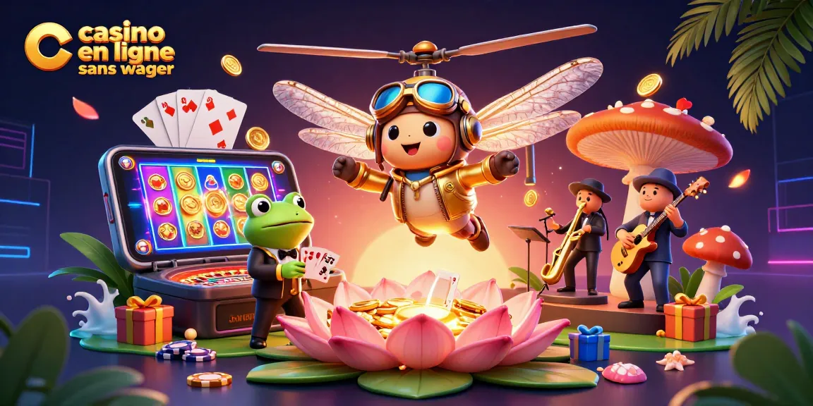 Illustration colorée du casino en ligne sans wager avec un pilote libellule et un croupier grenouille