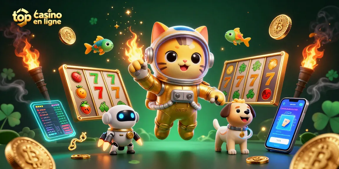 Découvrez les éléments captivants du top casino en ligne avec un chat astronaute et des pièces de crypto-monnaie.
