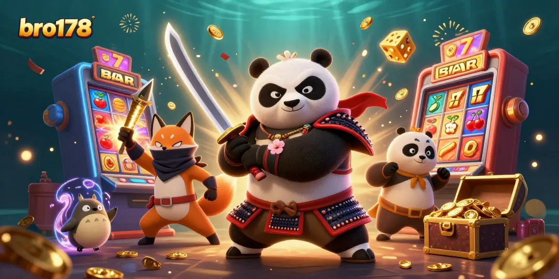 Gambarkan momen epik bro178 dimana panda samurai bertarung dengan shuriken emas, dalam suasana mesin slot yang meledak.