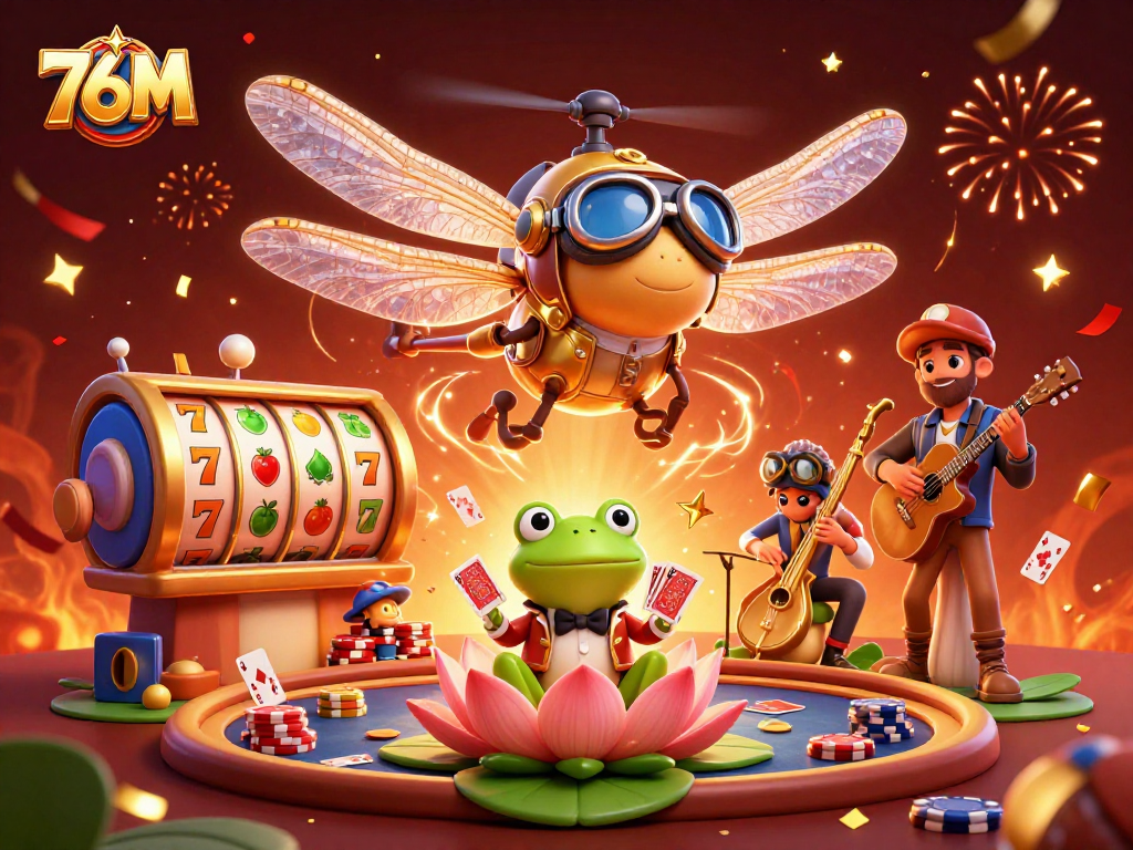 Jogadores celebram no cassino 76M, enfrentando desafios de cartas e slots.