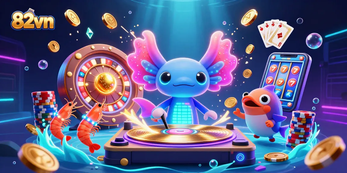 Engage in excitement at 82vn with vibrant casino elements, featuring a neon DJ, coins, and poker chips.