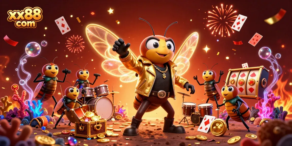 Engage with xx88 com's exciting action featuring a rock star cicada amidst a vibrant gambling scene.
