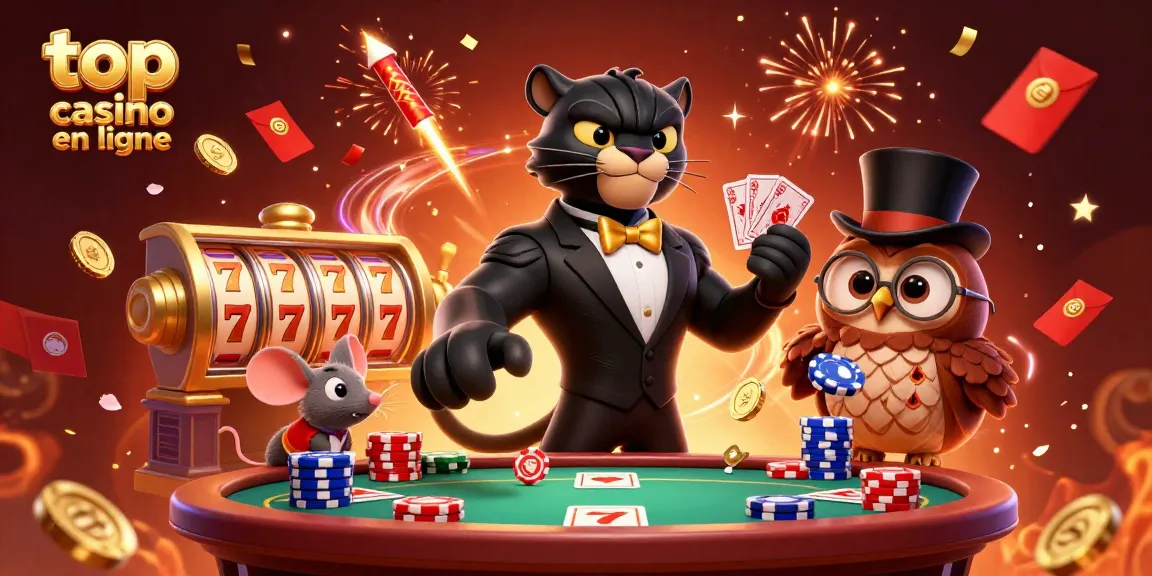 jouez au meilleur casino en ligne avec une panthère, hibou et souris autour de jetons et feux d'artifice