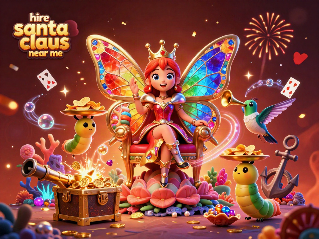Hire Santa Claus near me while enjoying a festive casino atmosphere with vibrant characters and elements.