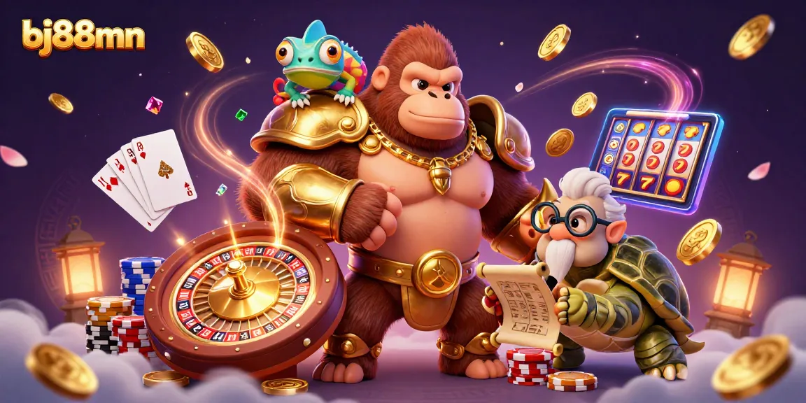 Engage in thrilling casino adventures with bj88mn, featuring a gorilla king and chameleon.