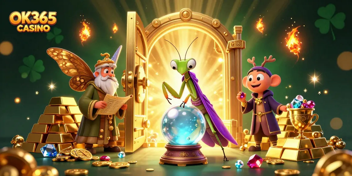 Engage with OK365 CASINO through a magical 3D illustration featuring mystical fortune tellers and treasure.