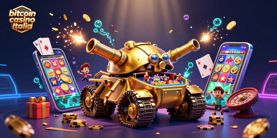 Gioca e vinci nel bitcoin casino Italia con il mini casinò all'interno di un carro armato d'oro.
