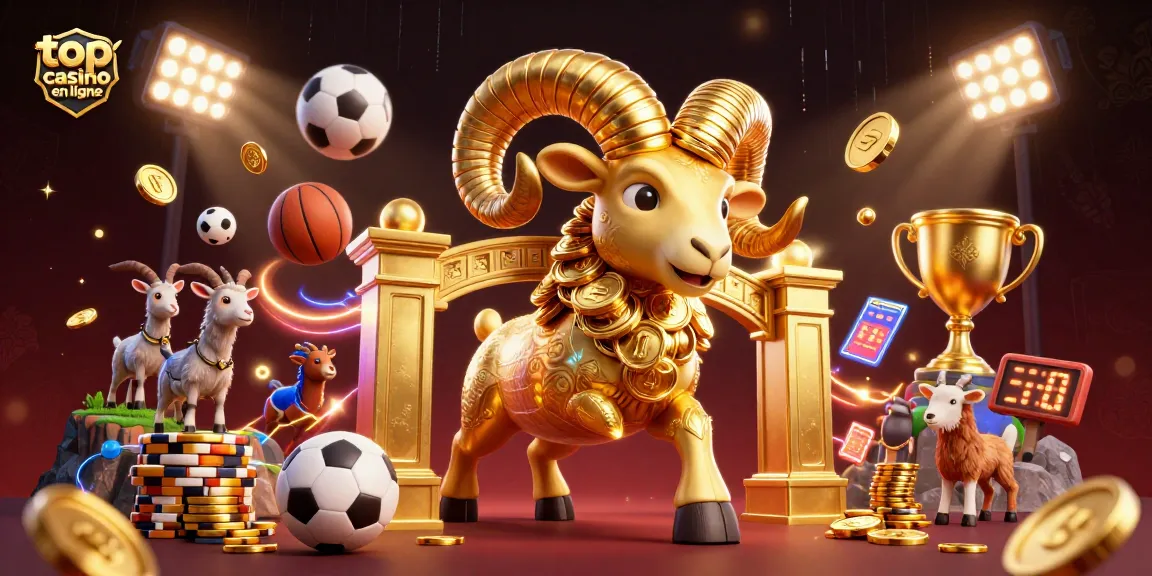 Explorez le top casino en ligne avec un bélier doré et des éléments sportifs dynamiques.
