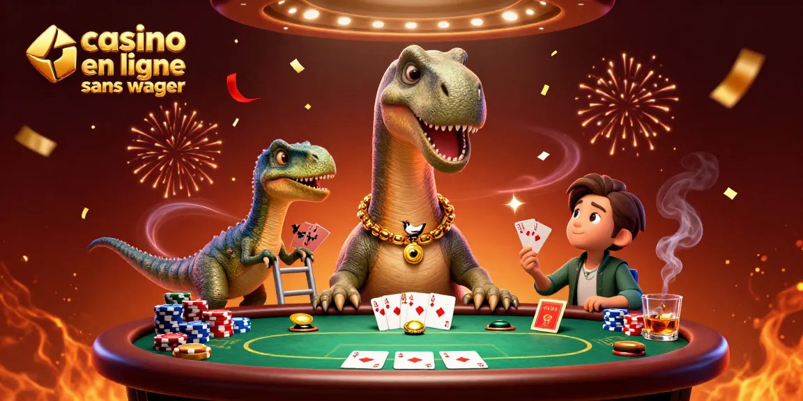 Un casino en ligne sans wager avec un brontosaurus et un raptor jouant aux cartes