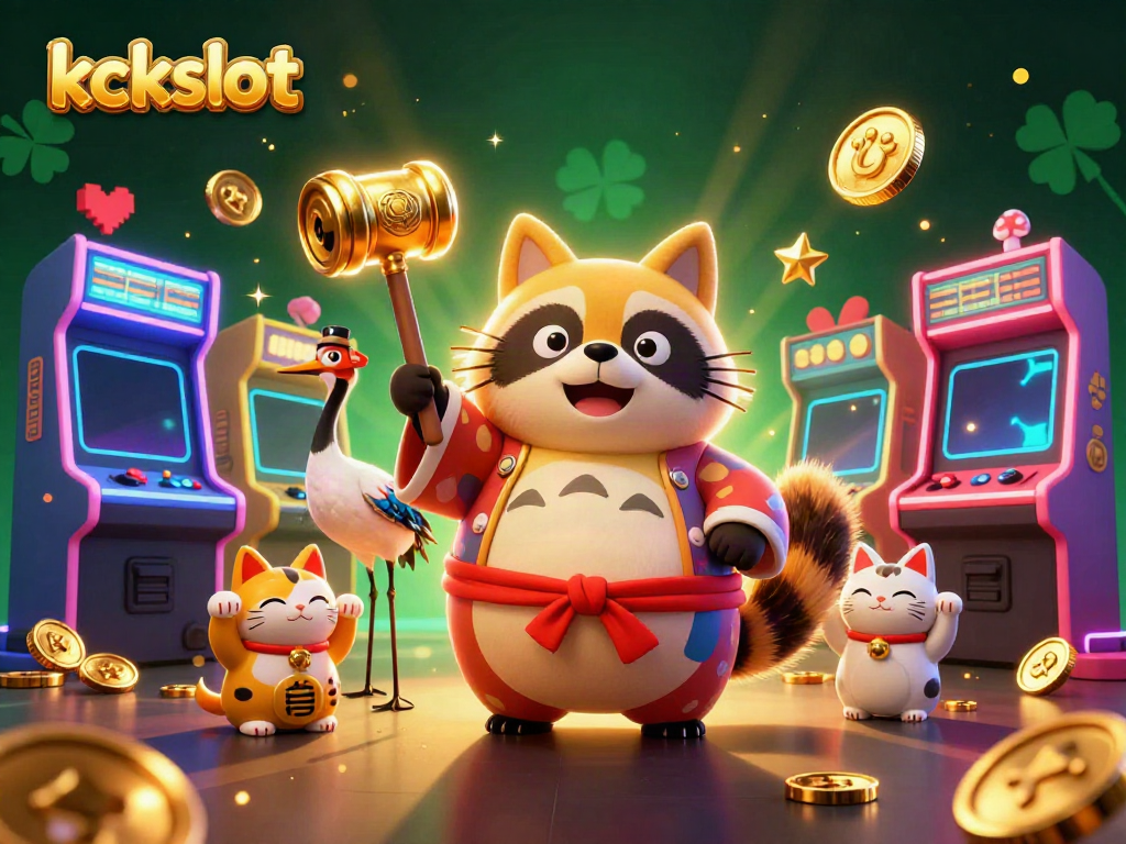 Kckslot menampilkan ilustrasi menggemaskan dari tanuki dan maneki-neko yang merayakan keberuntungan dalam permainan slot.