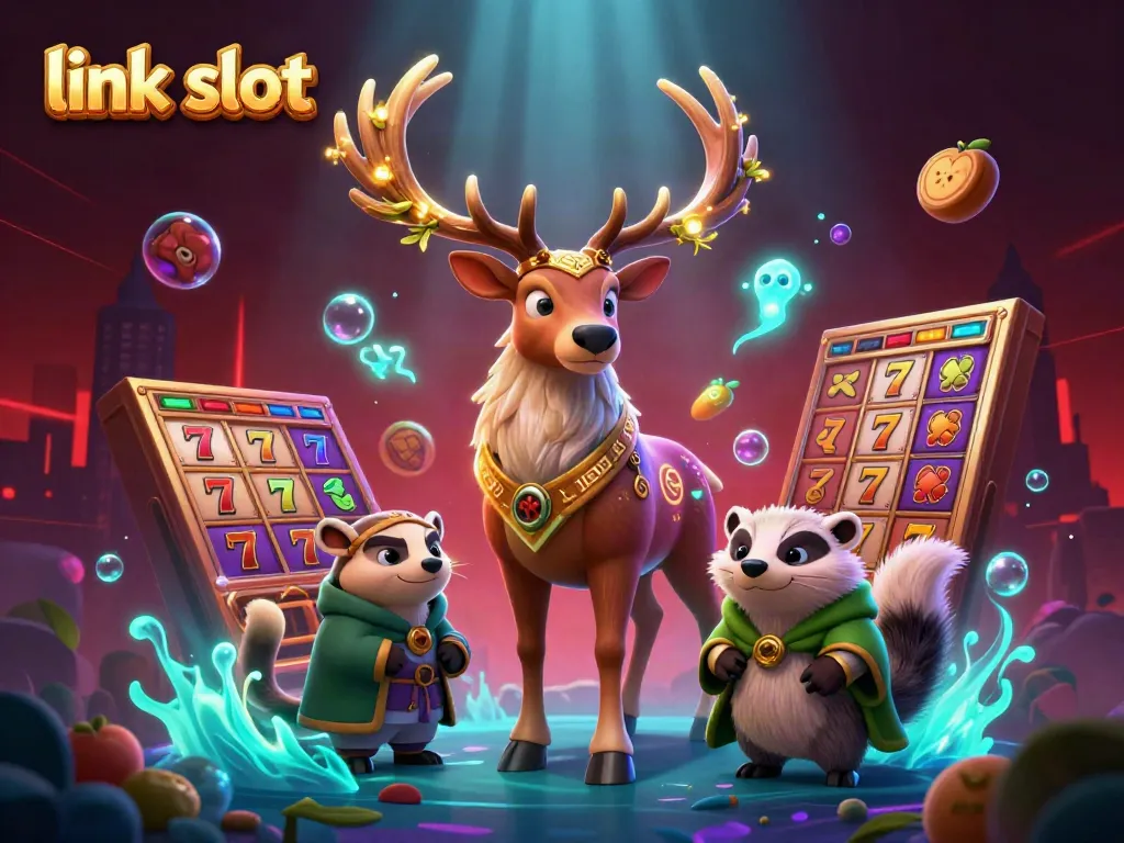 Experience the excitement of link slot in this vibrant 3D casino scene with druid and whimsical elements.