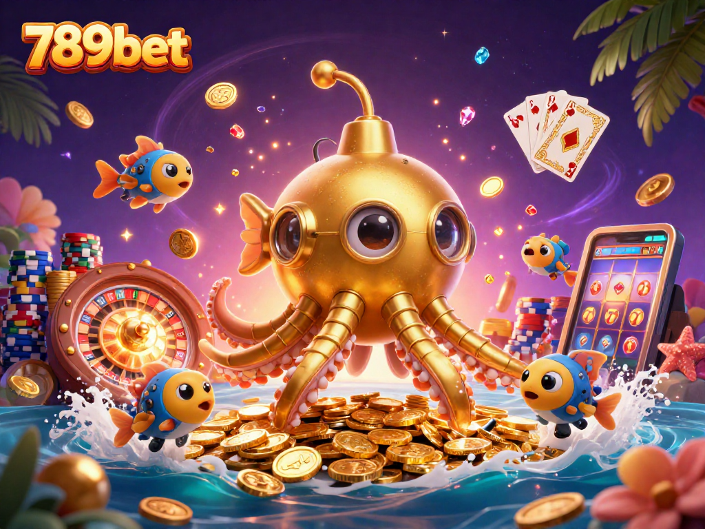 Join 789bet for thrilling gaming, with golden kraken and sparkling gems in a vibrant casino scene.