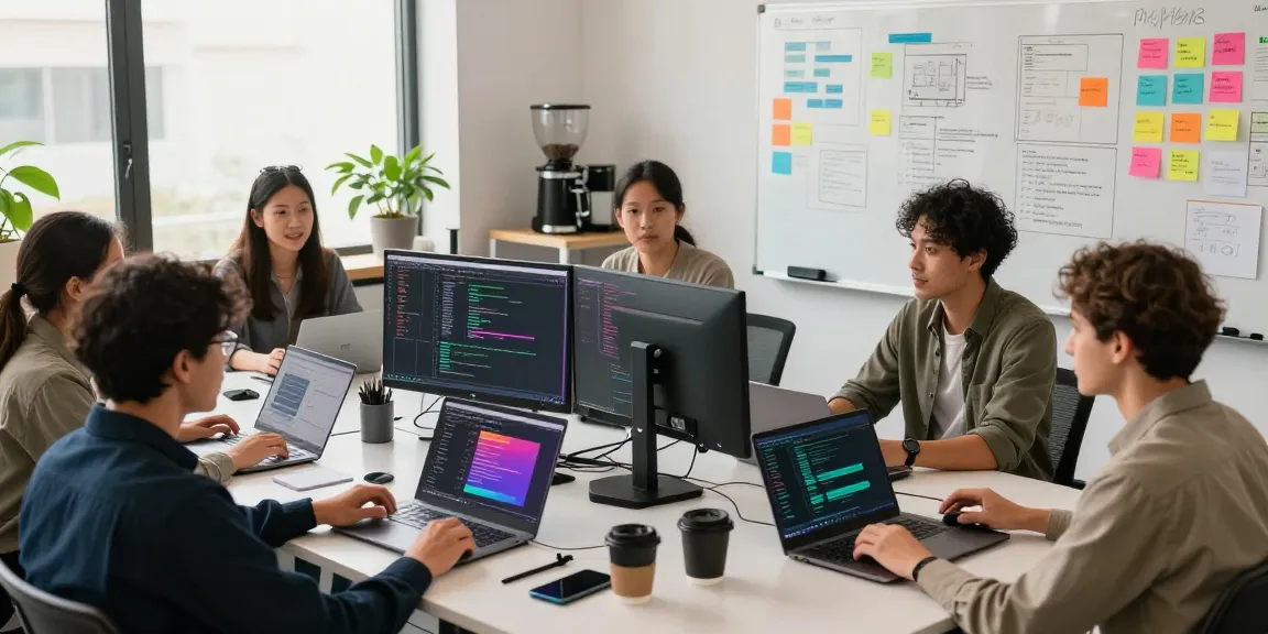Team collaborating on NAGA2000 software development in a vibrant tech workspace