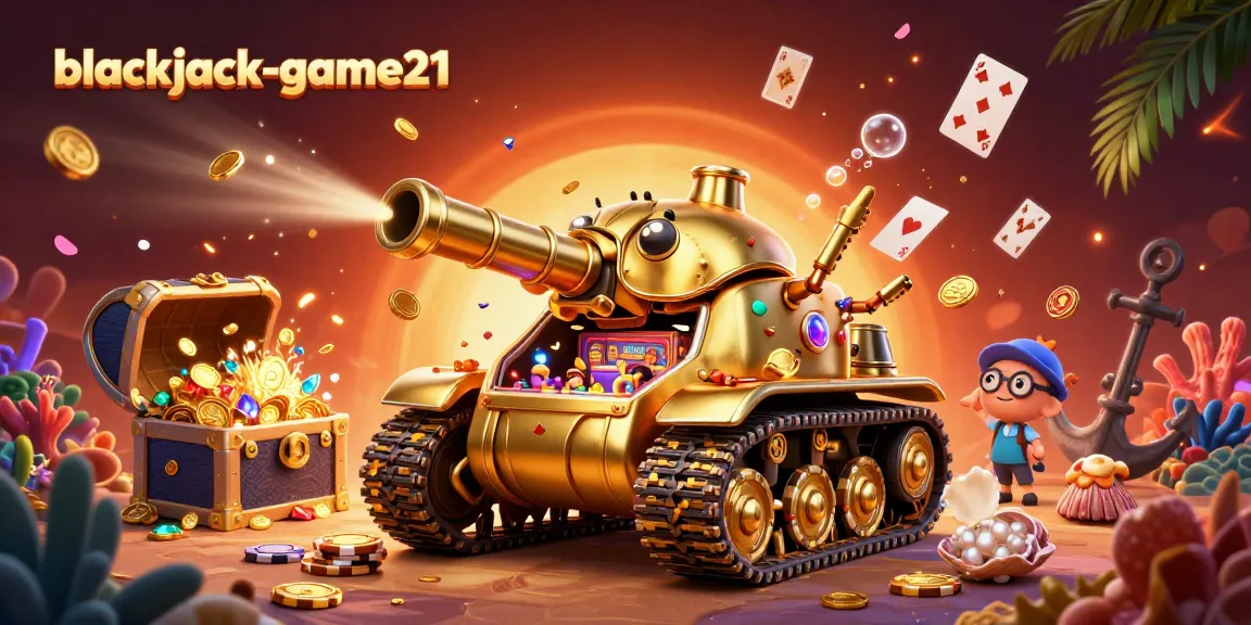 Engage with blackjack-game21 in a vibrant 3D casino scene featuring treasures and exciting gameplay.