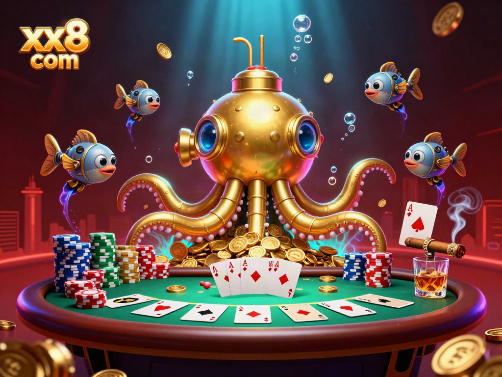 Experience the thrill of xx8 com with a golden kraken submarine, gold coins, and poker elements.