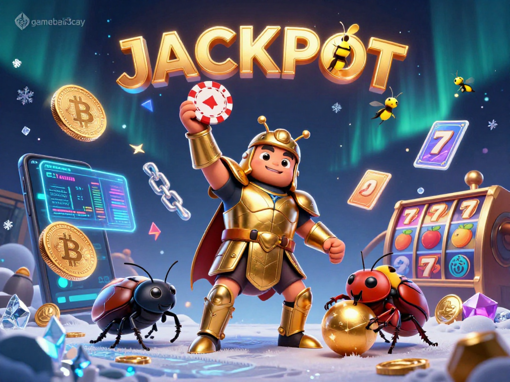 Engage with gamebai3cay's thrilling slot adventure where victory is represented by a heroic beetle lifting a poker chip.