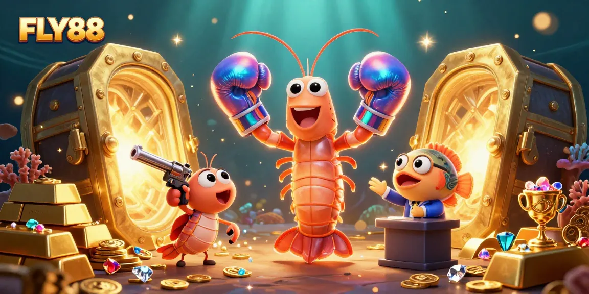 FLY88 showcases a vibrant 3D cartoon scene of gambling excitement with colorful characters and casino treasures.