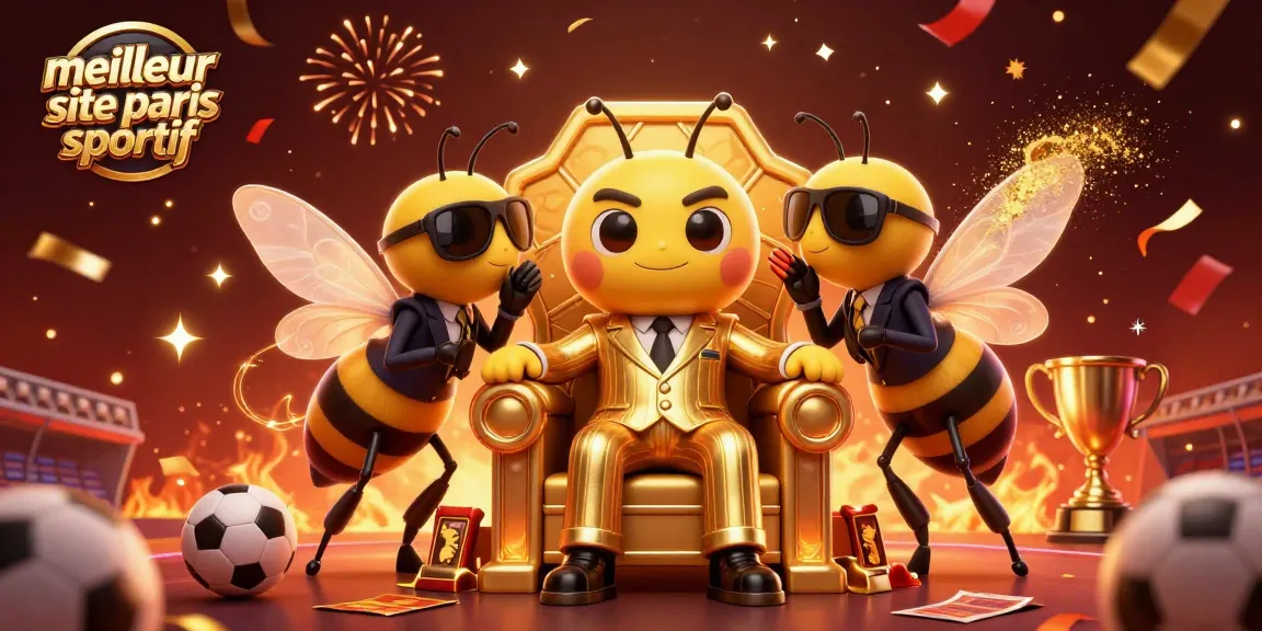 Illustration dynamique du meilleur site de paris sportif avec un boss abeille, des gardes, et des éléments sportifs.