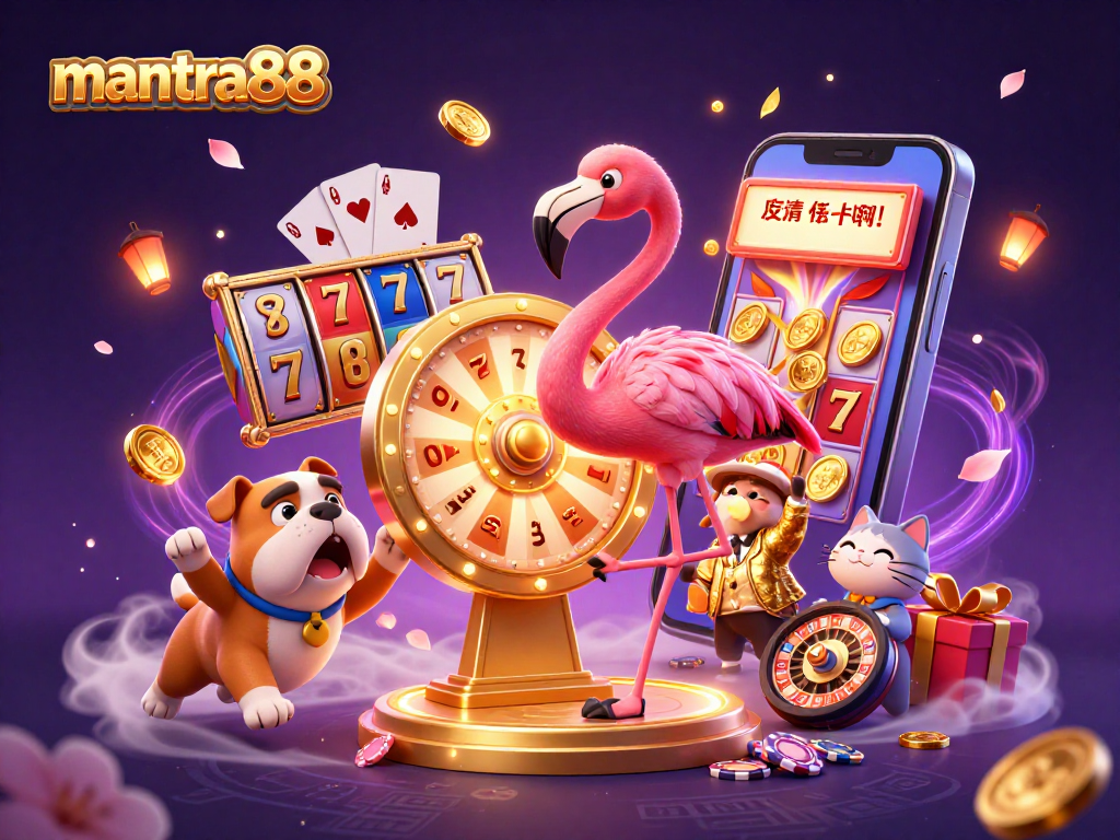 Engage in vibrant gameplay with mantra88's exciting casino scene featuring slot games and a lively prize wheel.