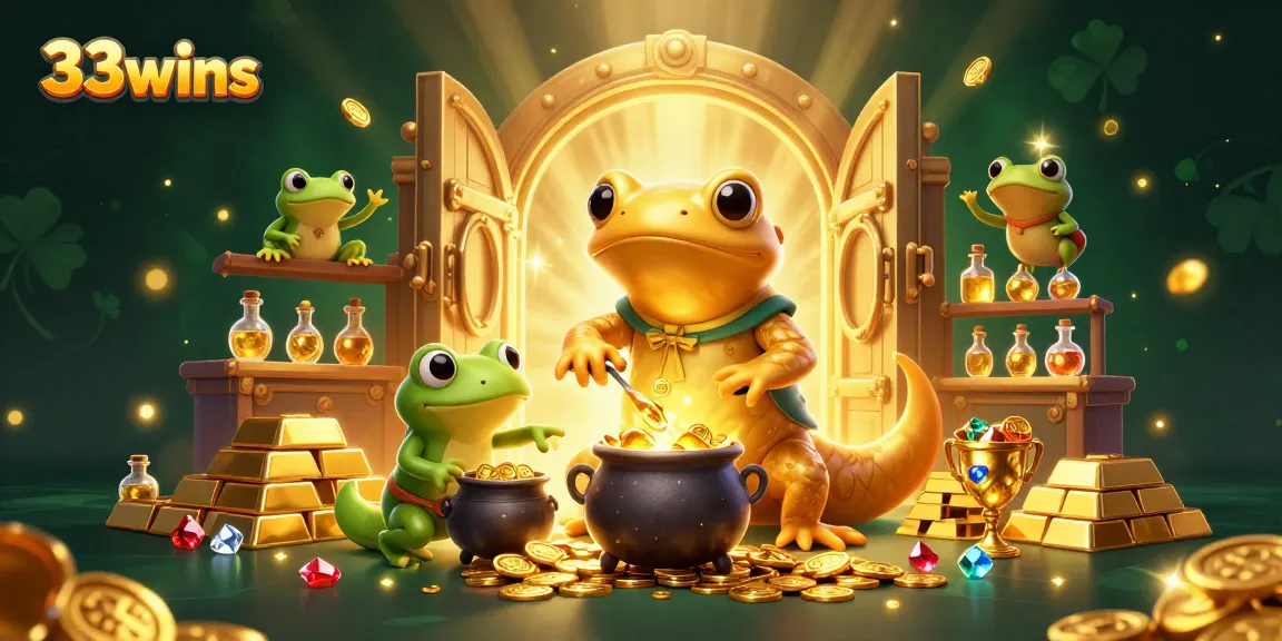 Win big with 33wins: a vibrant scene filled with gold coins, gems, and magical elements.