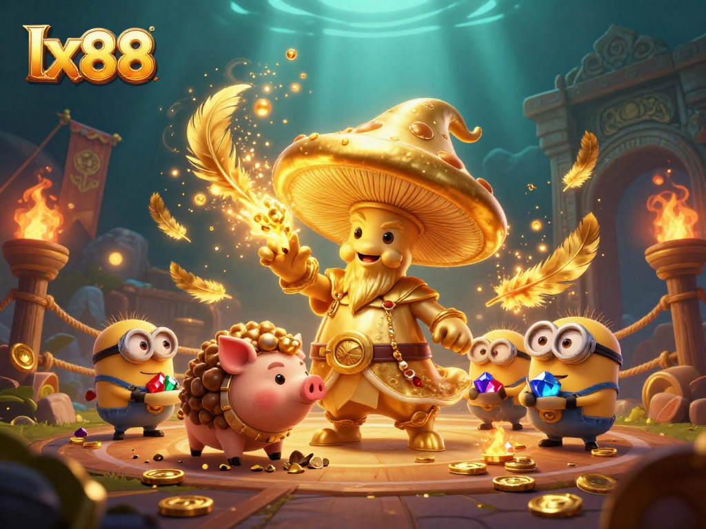 Enhance your gaming with lx88’s vibrant 3D casino scene featuring a lucky mushroom wizard.