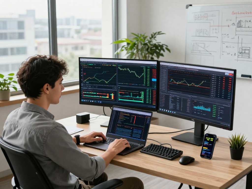 使用metatrader 5进行交易的现代办公环境，显示交易图表和统计数据