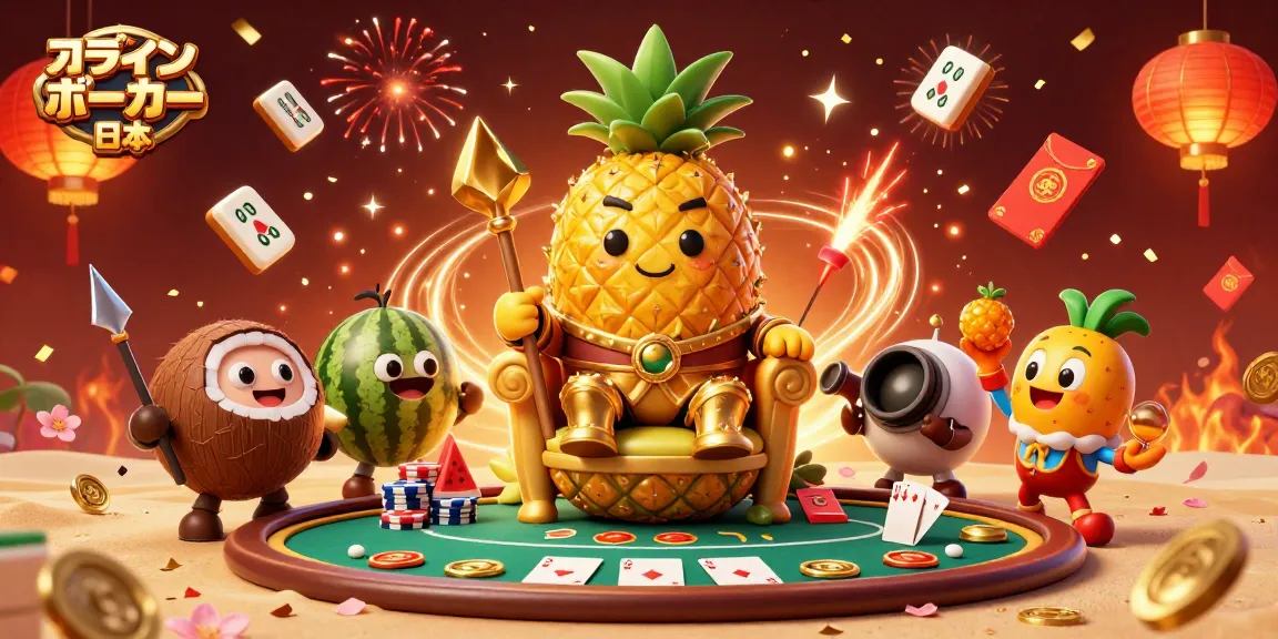 オンライン ポーカー 日本のビーチカジノで対戦するキャラクター達を描いたカラフルなイラスト