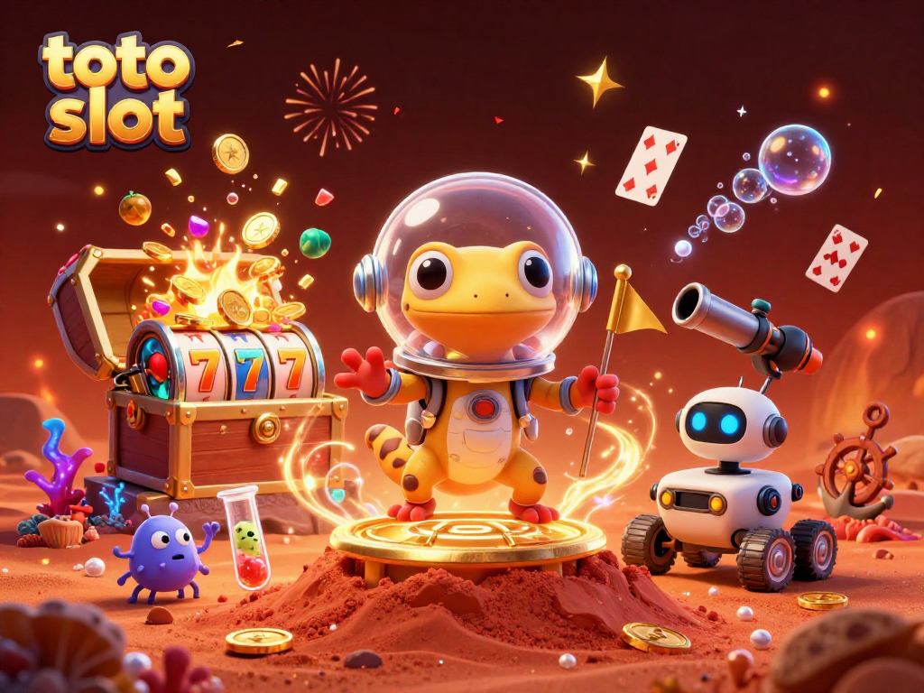 Explore the vibrant toto slot gaming scene with a Martian gecko discovering a hidden casino in a dynamic 3D illustration.