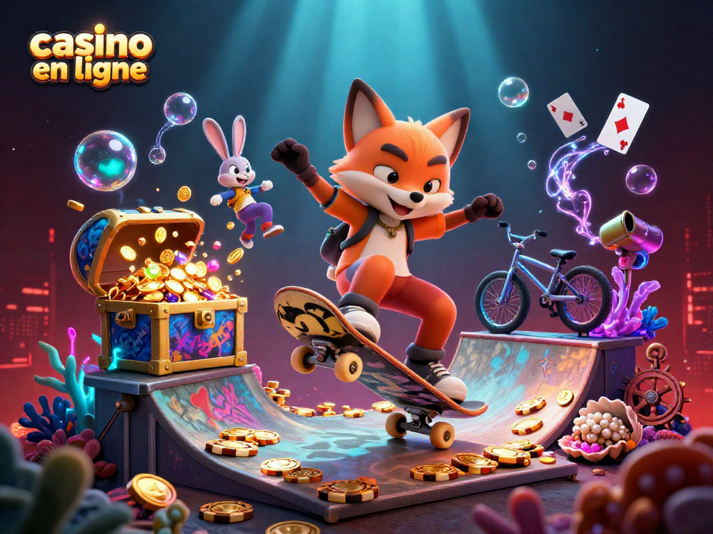 Le casino en ligne dévoile un skatepark animé avec un renard acrobatique et un lapin BMX parmi des jetons d'or et des cartes à jouer.