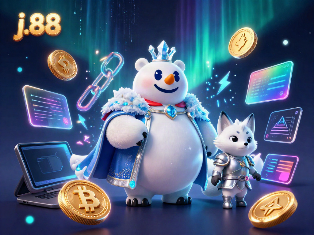 Experience the excitement of j.88 with vibrant crypto-themed 3D illustration showcasing rich casino elements.
