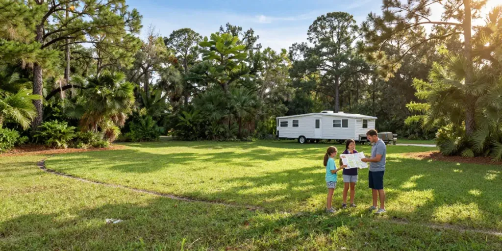 Family exploring land for sale at putnamcountylands.com, showcasing scenic views and mobile home options in Florida.