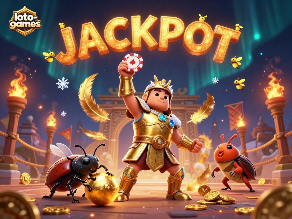 Lifting a poker chip in triumph, the loto-games beetle celebrates jackpot wins amidst dynamic casino elements.
