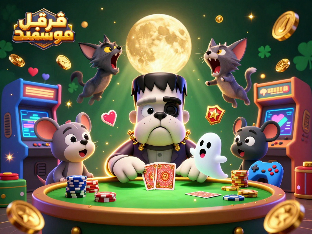 Engaging scene of خرید قفل هوشمند at a casino featuring a Frankenstein bulldog monster dealing cards.