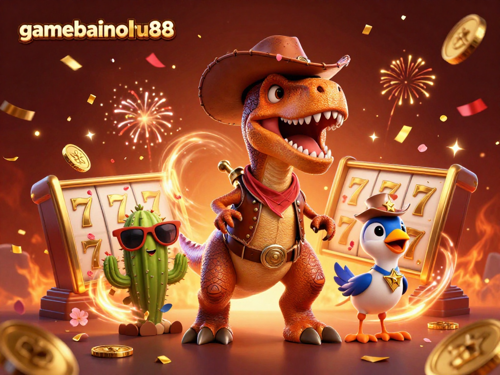 Engage with gamebainohu88 as a colorful T-Rex cowboy and friends spin slot reels, celebrating in an animated casino adventure.