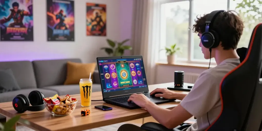 Engaged player enjoying the raja slot game in a cozy modern living room.