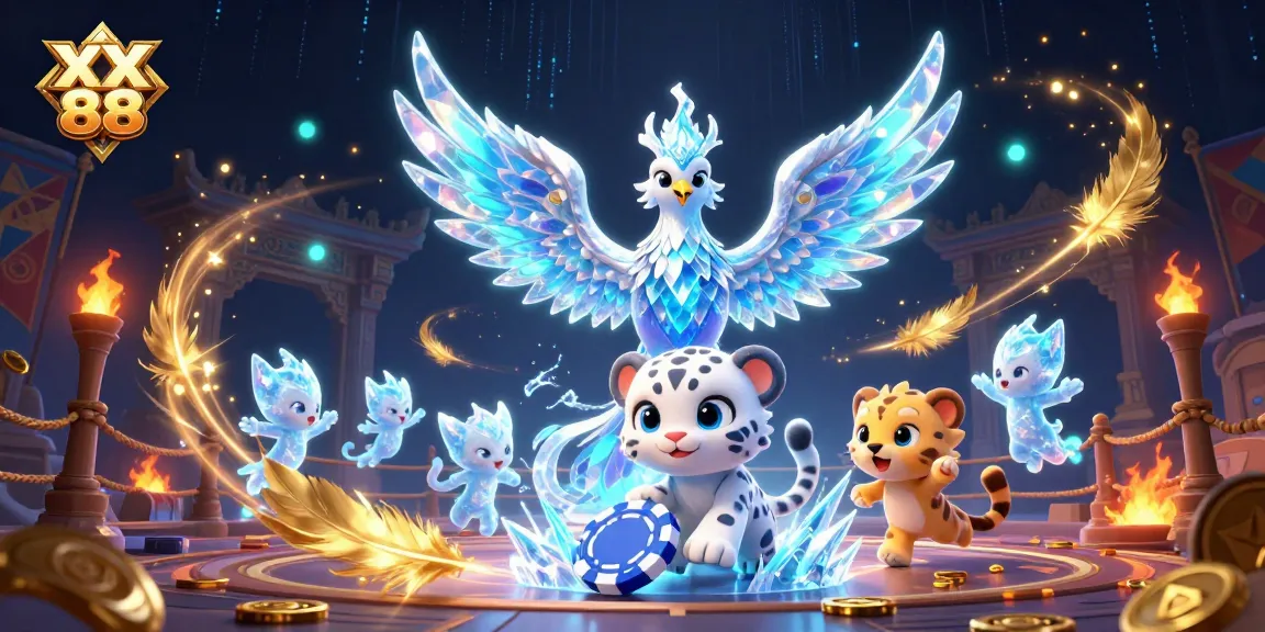 Play thrilling games at XX 88 with an ice phoenix and playful snow leopard, capturing the magic of online gambling.